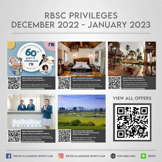 6 people and RBSC PRIVILEGES DECEMBER 2022 JANUARY 2023 m PARENTING MAKING 60 EASIER yearsof mothercare 1 SINCE 1961 BeBetter VIEW ALL OFFERS Bedetter PRIVILEGES PROGRAM ROYAL BANGKOK THE ROYAL BANGKOK SPORTS WWW RBSC ORG RBSC