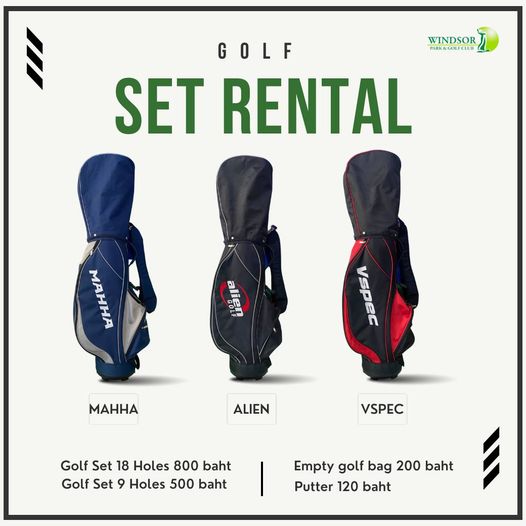สนามกอล์ฟวินด์เซอร์ปาร์คฯ Windsor Park amp Golf Club ข้อความพูดว่า INDS PARK GOLFCLUB GOLF SET RENTAL MAHHA alien maHHa ALIEN VSPEC Golf Set 18 Holes 800 baht Golf Set 9 Holes 500 baht Empty golf bag 200 baht Putter 120 baht