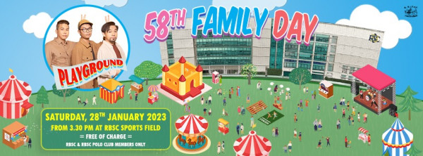 The Royal Bangkok Sports Club May be a cartoon of 3 people and 58TH FAMILY DAY PLAYGROUND RC 1 SATURDAY 28T JANUARY 2023 FROM 3 30 PM AT RBSC SPORTS FIELD FREE OF CHARGE CLUB MEMBERS ONLY RBSC