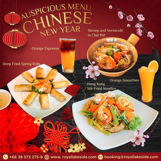 Royal Lakeside Golf Club food indoor and AUSPICIOUS MENU CHINESE Shrimp and Vermicelli NEW YEAR in Clay Pot Orange Espresso Deep Fried Spring Rolls Orange Smoothies Hong Kong Stir Fried Noodles 66 38 573 275 8 www royallakeside com booking royallakeside com