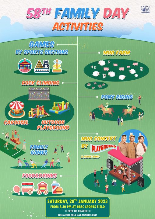 The Royal Bangkok Sports Club May be a cartoon of 3 people and 58TH FAMILY DAY ACTIVITIES GAMES BY SPORTS SECTIONS MINI FARM ROCK CLIMBING PONY RIDING 4K CAROUSEL OUTDOOR PLAYGROUND FAMILY GAMES MINI CONCERT BY PLAYGROUND HOUSE BAND FOOD DRINKS SATURDAY 28TH JANUARY 2023 FROM 3 30 PM AT RBSC SPORTS FIELD FREE CHARGE RBSC POLO CLUB MEMBERS ONLY RBSC
