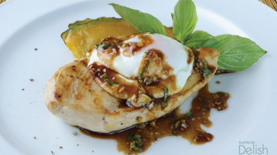 Pan Fried Chicken Breast with Poached Egg and Japanese Soya Sauc