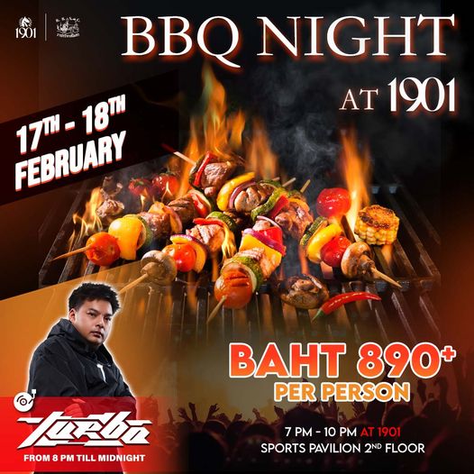 The Royal Bangkok Sports Club 1 person souvlakia and 1901 BBQ NIGHT AT 1901 FEBRUARY 17T 18H 18T 17 BaHT 890 PER PERSON TRba FROM 8PM TILL MIDNIGHT 7 PM 10 PM AT 1901 SPORTS PAVILION 2ND FLOOR
