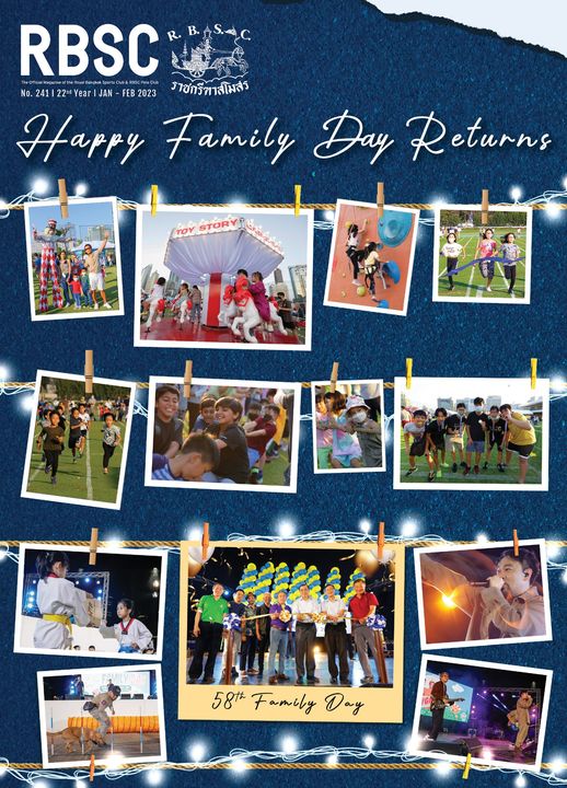 The Royal Bangkok Sports Club 7 people people standing and RBSC No 241 22nd Year FEB2023 2023 ราชกรีทาสโมสร Happy Family Day Returns STORY ย 58 k Family y