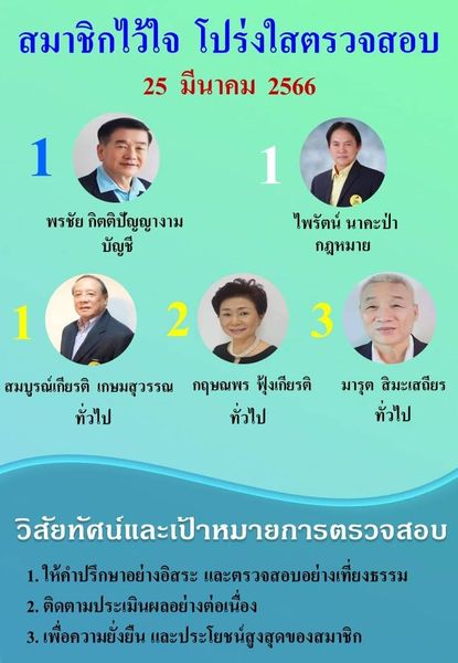 Krungthep Kreetha 5 people and สมาชิกไว้ใจ โปร่งใสตรวจสอบ 25 มีนาคม 2566 1 พรชัย กิตติปัญญางาม บัญชี 1 ไพรัตน์ นาคะป่า กฎหมาย 1 2 3 สมบูรณ์เกียรติ ี้เกียรติ กษมสุวรรณ ทั่วไป กฤษณพร ฟุ้งเกียรติ ทั่วไป มารุต สิมะเสถียร ทั่วไป วิสัยทัศน์และเป้าหมายการตรวจสอบ 1 ให้คำปรึกษาอย่างอิสระ และตรวจสอบอย่างเที่ยงธรรม ติดตามประเมินผลอย่างต่อเนื่อง เพื่อความยั่งยืน และประโยชน์สูงสุดของสมาชิก
