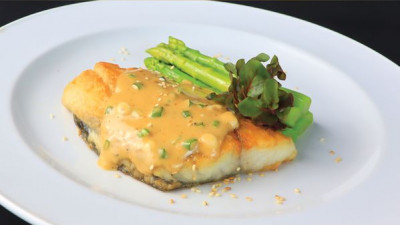 Deep Fried Sea Bass with Soya Beans Cream Sauce and Asparagu