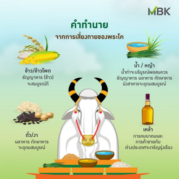 Riverdale Golf Club MBK คำทำนาย จากการเสี่ยงทายของพระโค ข้าว ข้าวโพด ธัญญาหาร ข้าว จะสมบูรณ์ดี น้ำ หญ้า น้ำท่าจะบริบูรณ์พอสมควร ธัญญาหาร ผลาหาร ภักษาหาร มังสาหารจะอุดมสมบูรณ์ ถั่ว งา ผลาหาร ภักษาหาร จะอุดมสมบูรณ์ เหล้า การคมนาคมและ การค้าขายกับ ต่างประเทศจะเจริญรุ่งเรือง