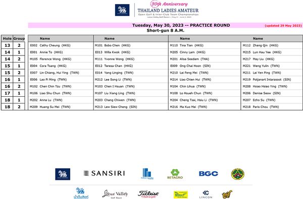Lotus Valley Golf Resort floor plan calendar crossword puzzle and Hole Group 30th Anniversary THAILAND LADIES AMATEUR n Name Cheung HKG Name 14 Tuesday May 30 2023 Short gun A M PRACTICE ROUND Florence Wong HKG HKG Cora Tsang HKG E007 updated 16 Tian HKG May 2023 HKG ing TWN Name HKG Ming TWN Chen Shu E014 Yang Linging TWN Song Alisa Seedam THA 18 HKG HKG Hau TWN M103 M210 TWN 18 SIN WN Hsuan TWN Huang HKG TWN TWN TWN M104 M211 M203 Chang Chiwen Lihua Hsueh Siew Cheng SIN TWN M219 Potjanart Intarasoot SIN Hsiao TWN HsiuLi M216 uo TWN TWN Chou TWN SANSIRI Motoopala BETAGRO BGC Titleist
