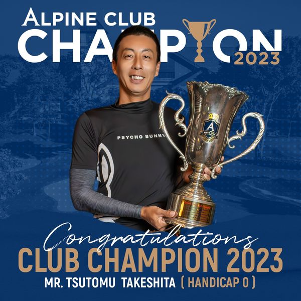 Alpine Golf Club 1 คน และ ข้อความพูดว่า ALPINE CLUB CHA PYON PYON 2023 CHA PSYCHO BUNNI Q Congratulations CLUB CHAMPION 2023 MR TSUTOMU TAKESHITA HANDICAP 0