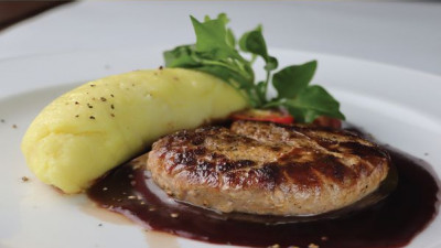 Beef Tenderloin Steak with Truffle Oil and Red Wine Sauce served with Mashed Potat