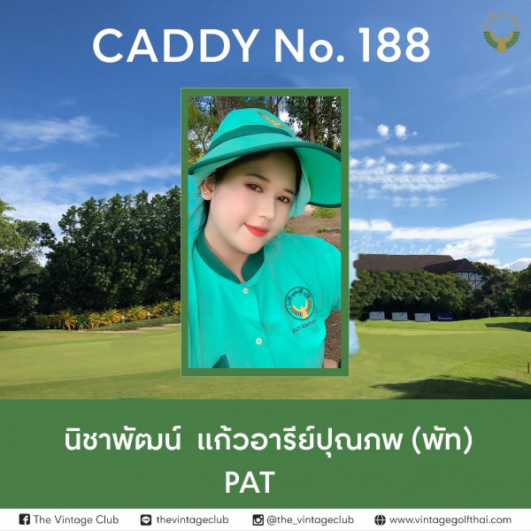 The Vintage Club nbsp 1 คน กำลังตีกอล์ฟ และ ข้อความพูดว่า CADDYNo 188 No 188 188 CADDY No จ e f The Vintage Club นิชาพัฒน์ แก้วอารีย์ปุณภพ ภพ พัท PAT thevintageclub the vintageclub www vintagegalfthai com