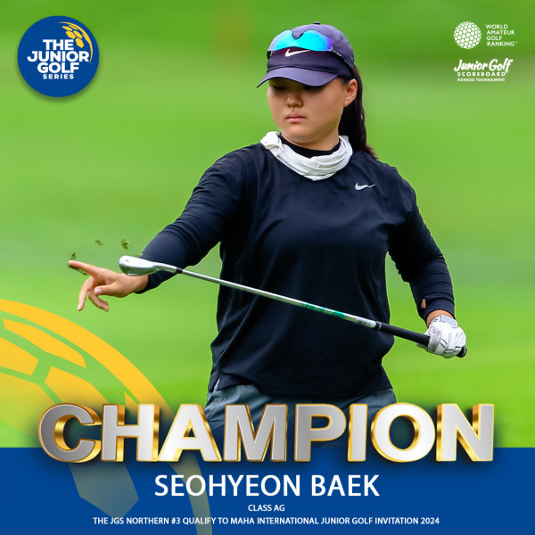 Alpine Golf Resort Chiangmai nbsp 1 คน กำลังตีกอล์ฟ และ ข้อความพูดว่า JUHER THE JUNIOR ENOR GOLF SERIES WORLD CHTEOR RANKING JuiorGolf SAHKID KAMKIO Junior SCOR SCORES Golf IOTQUENAVIN UENAMIN CHAMPION SEOHYEON BAEK CLASSA AG THE JGS NORTHERN 3 QUALIFY to MAHA INTERNATIONAL JUNIOR GOLF INVITATION 2024