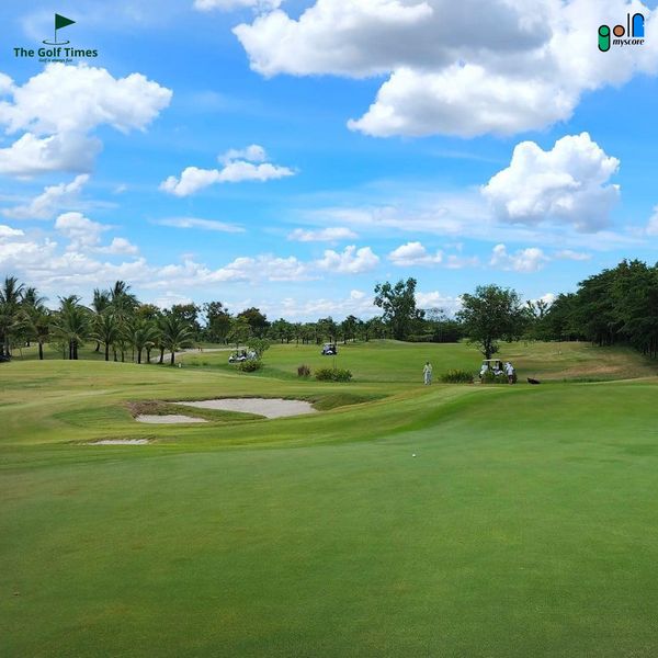 3 people golf course grass nature and text