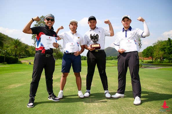 Alpinegolfresort Chiangmai 4 people people golfing golf cart golf course and text