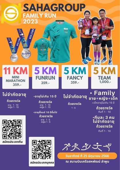 สนามกอล์ฟหริภุญชัย กอล์ฟคลับ 3 people and SAHAGROUP FAMILY RUN 2023 TH NOH GROUP 11 KM MINI MARATHON 359 5 KM FUNRUN 359 5 KM FANCY 359 5 KM TEAM 1 000 ไม่จำกัดอายุ ถ้วยรางวัล ชาย หญิง อายุไม่เกิน 15ป ถ้วยรางวัล 10 หญง อายุตั้งแต่ 16 ปขึ้นไป ถ้วยรางวัล ชาย หญิง ไม่จำกัดอายุ ชาย หญิง เด็ก Family ถ้วยรางวัล เด็กอายุไม่เกิน 15ปี ถ้วยรางวัล ทีมที่ 10 ทีมละ 3 คน ไม่จำกัดอายุ ถ้วยรางวัล ทีมที่ 10 สมัครประเภททีม สมัครประเภทบุคคล วันอาทิตย์ ที่ 25 มิถุนายน 2566 ณ สนามบินเครือสหพัฒน์ ลำพูน