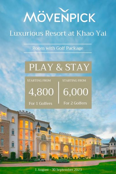 My Ozone Golf Club Khaoyai ข้อความพูดว่า M VENPICK Luxurious Resort at Khao Yai Room with Golf Package PLAY STAY STARTING FROM STARTING FROM 4 800 For 1 Golfers 6 000 For 2 Golfers 1 August 30 September 2023