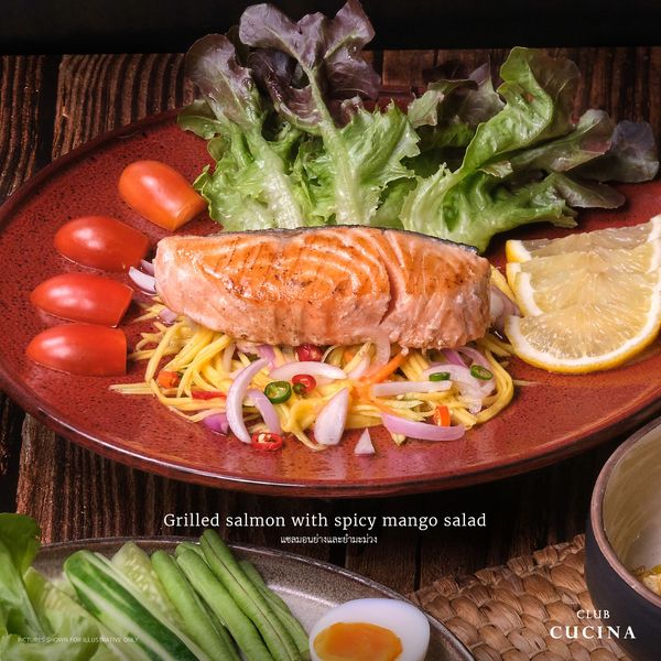 Toscana Valley sashimi smoked salmon and Grilled Gl salmon with spicy mango salad แซลม มอนย่างและ งและยำมะม่วง U PICTURESN S CLUB CUCINA