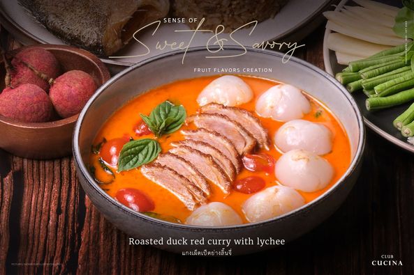 Toscana Valley tofu and SENSE Swrt OF Sliory FRUIT FLAVORS CREATION Roasted duck red curry with lychee แกงเผ็ด เป็ดย่ งลิ้นจี่ CLUB CUCINA