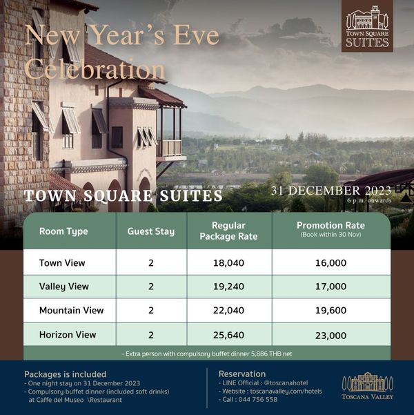 Toscana Valley New Year s Eve Celebration ฺ U SUITES TOWN SQUARE SUITES Room Type Guest Stay 31 DECEMBER 2023 6p m onwards Town View Regular Package Rate 2 Promotion Rate Book within 30 Nov Valley View 18 040 2 Mountain View 16 000 19 240 2 Horizon View 17 000 22 040 2 19 600 25 640 Extra person with compulsory buffet dinner 886 THB net Packages is included 2023 Cu Restaurant 23 000 Reservation toscanahotel Call 044756558 00 00 TOSCANA A