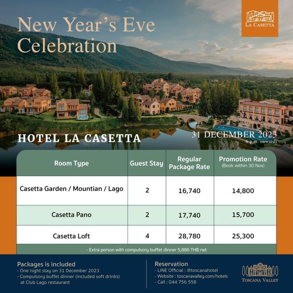 Toscana Valley New Year s Eve Celebration LA CASETTA Uam HOTEL LA CASETTA Room Type H 31 DECEMBER 2023 6p m nwards Guest Stay Package Rate Regular Casetta Garden Mountian Lago Promotion Rate Book within 30 Nov 2 Casetta Pano 16 740 14 800 2 Casetta Loft 17 740 4 15 700 Pack included 28 780 Extra person with ompulsory buffet dinner 5 886 THB net 25 300 2023 estaurant Reservation Website toscanavalle Call 044756558 0081 7400 TOSCANA VALLEY