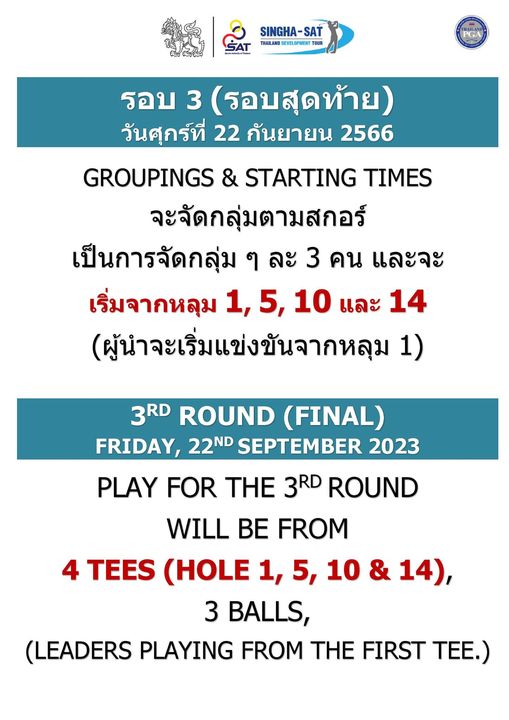 Panoramagolfclub golf and SINGHA SAT SAT THAILAND DEVELOPMENT TOUR รอบ 3 รอบสุดท้าย วันศุกร์ที่ 22 กันยายน 2566 GROUPINGS STARTING TIMES จะจัดกลุ่มตามสกอร์ เป็นการจัดกลุ่ม ๆ ละ 3 คน และจะ เริ่มจากหลุม 1 5 10 และ 14 ผู้นำจะเริ่มแข่งขันจากหลุม 1 3RD ROUND FINAL FRIDAY 22ND SEPTEMBER 2023 PLAY FOR THE THE 3RD ROUND WILL BE FROM 4 TEES HOLE 1 5 10 14 3 BALLS LEADERS PLAYING FROM THE FIRST TEE