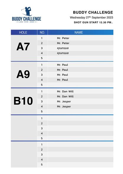 Lake View Resort amp Golf Club crossword puzzle and BUDDY CHALLENGE VIEW 2023 HOLE BUDDY CHALLENGE Wednesday 27th September 2023 SHOT GUN START 12 30 PM NO 1 2 NAME Mr Peter Mr Peter 3 A7 4 คุณทรอส 5 คุณทรอส 1 Mr Paul Mr Paul 2 3 4 A9 Mr Paul Mr Paul 5 1 Mr Dan Will Mr Dan Will 2 3 4 5 B10 Mr Jesper Mr Jesper 1 2 3 4 5 1 2 3 4 5