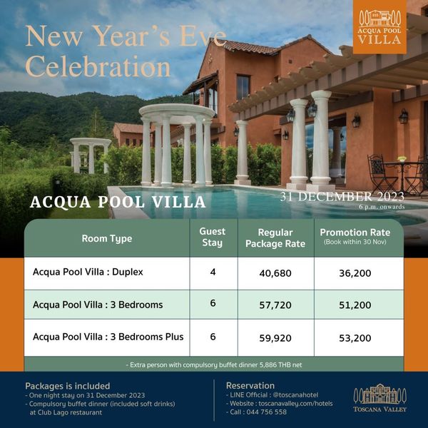 Toscana Valley nbsp pool and New Year s Eve Celebration 0000 CQUA POOL VILLA ACQUA POOL VILLA Room Type 31 DECEMBER 2023 6p m onwards Guest Stay Acqua Pool Villa Duplex Regular Package Rate Promotion Rate Book within 30 Nov 4 Acqua Pool Villa 3 Bedrooms 40 680 6 36 200 Acqua Pool Villa 3 Bedrooms Plus 57 720 6 51 200 59 920 Packages is included Extra person with ompulsory buffet dinner 5 886 THB net 53 200 2023 Reservation Website toscanavall 00 E1000 TOSCANA VALLEY