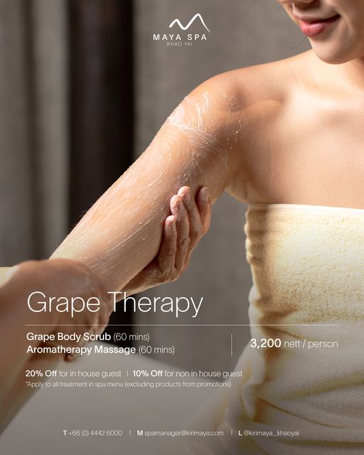 Kirimaya Khao Yai 1 person body of water and MAYASPA MAYA SPA KHAO YAI Grape Therapy Grape Body Scrub 60 mins Aromatherapy Massage 60 mins 20 Off for house guest 10 Off for non in nouse guest Apply to all treatment spa menu excluding products from promotions 3 200 nett person 4442 6000 Mspamanager kirimaya com L kirimaya khaoyai