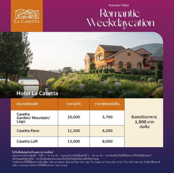 Toscana Valley outdoors and 0O 1000 LA CASETTA Toscana Valley Romantic Weekdaycation cation Hotel La Casetta ประเภทห้องพัก ราคาปกติ Lago ราคาพิเศษต่อคืน Mountain 10 000 Casetta Pano 5 700 11 500 Casetta Loft รับเครดิตอาหาร 1 500 บาท ต่อคืน 6 200 13 000 8 000 Musco Caf ร้านอิตาเสียนคาเฟ้