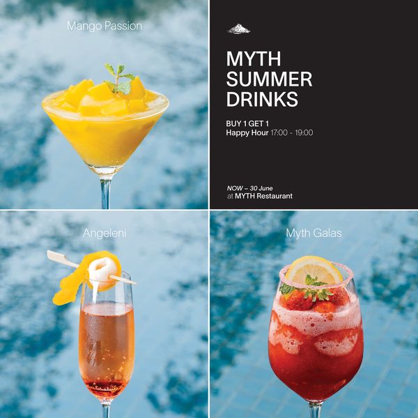 Kirimaya Khao Yai strawberry daiquiri and MP Mango Passion MYTH SUMMER DRINKS BUY GET Happy Hour 17 00 19 00 NOW R 30 June MYTH a Angeleni Myth Galas