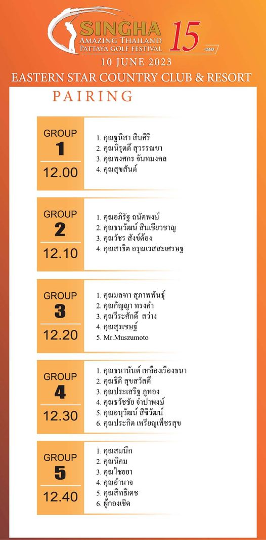 Eastern Star Country Club amp Resort SINGHA 15 VEARS AMAZING HAILAND GOLF 10 JUNE 2023 EASTERN STAR COUNTRY CLUB RESORT PAIRING GROUP 1 1 คุณฐูนิสา สินศิริ คุณนิรุตตี สุวรรณขา คุณพงศกร จันทมงคล 4 คุณสุขสันต์ 12 00 GROUP 2 1 คุณอภิรัฐ ถนัดพงษ์ คุณธนวัฒน์ิ สินเชียวชาญ 3 คุณวัชร สังข์ต้อง คุณสาธิ อรุณเวสสะเศรษฐ 12 10 GROUP 1 คุณมลทา สุภาพพันธุ์ คุณกัญญา ทรงคำ คุณวีระศักด์ สว่าง คุณสุรเชษฐ์ Mr Muszumoto 12 20 GROUP 1 คุณธนานันต์ หลืองเรืองธนา คุณธิติ สุขสวัสดี คุณประเสริฐ ภูทอง วัชชัย จำปาพงษ์ คุณอนุวัฒน์ สิขิวัฒน์ คุณประกิต เหรียญเพีชรสุข 12 30 GROUP 5 1 คุณสมนึก คุณนิคม คุณไชยยา คุณอำนาจ คุณสิทธิเดช ผู้กองเชิด 12 40