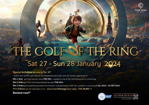 Chee Chan Golf nbsp May be a graphic of 2 people people golfing and CHEEC CHAN TH GOLF OF THE RING Sat 27 Sun 28 January 2024 Special Activities on every Par 3 THB 300 Win Hole Win Holes Win A etco n4 Holes Booked now THB 450 Chee Chan Privilege Car value THB 29 000 Apr 2024 30 SEP 2024 SHA Plus