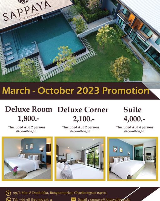 Lotus Valley Golf Resort bedroom and SAPPAYA BY LOTUS VALLEY March October 2023 Promotion Deluxe Room 1 800 Included ABF persons Room Night Deluxe Corner 2 100 Included ABF persons Room Night Suite 4 000 Included ABF persons Room Night Moo Bangnamp rieo